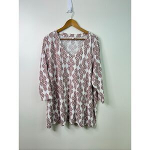 Pure Jill Women’s Top 3X Cotton V-Neck‎ Tunic Blouse White Pink Geometric Print